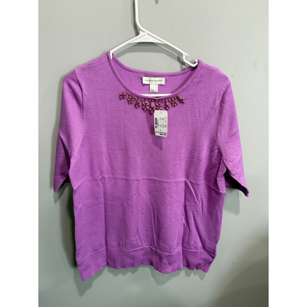 Christopher & Banks Orchid Purple Beaded Floral Neckline Short Sleeve Sweater L